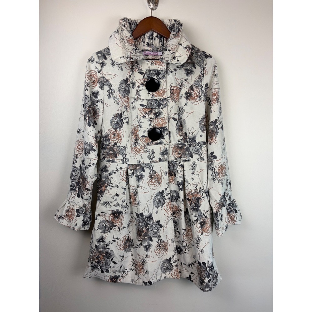 Pura Vida Floral Trench Coat 8 Cream Gray Ruffle Neck Victorian Cottagecore Rose